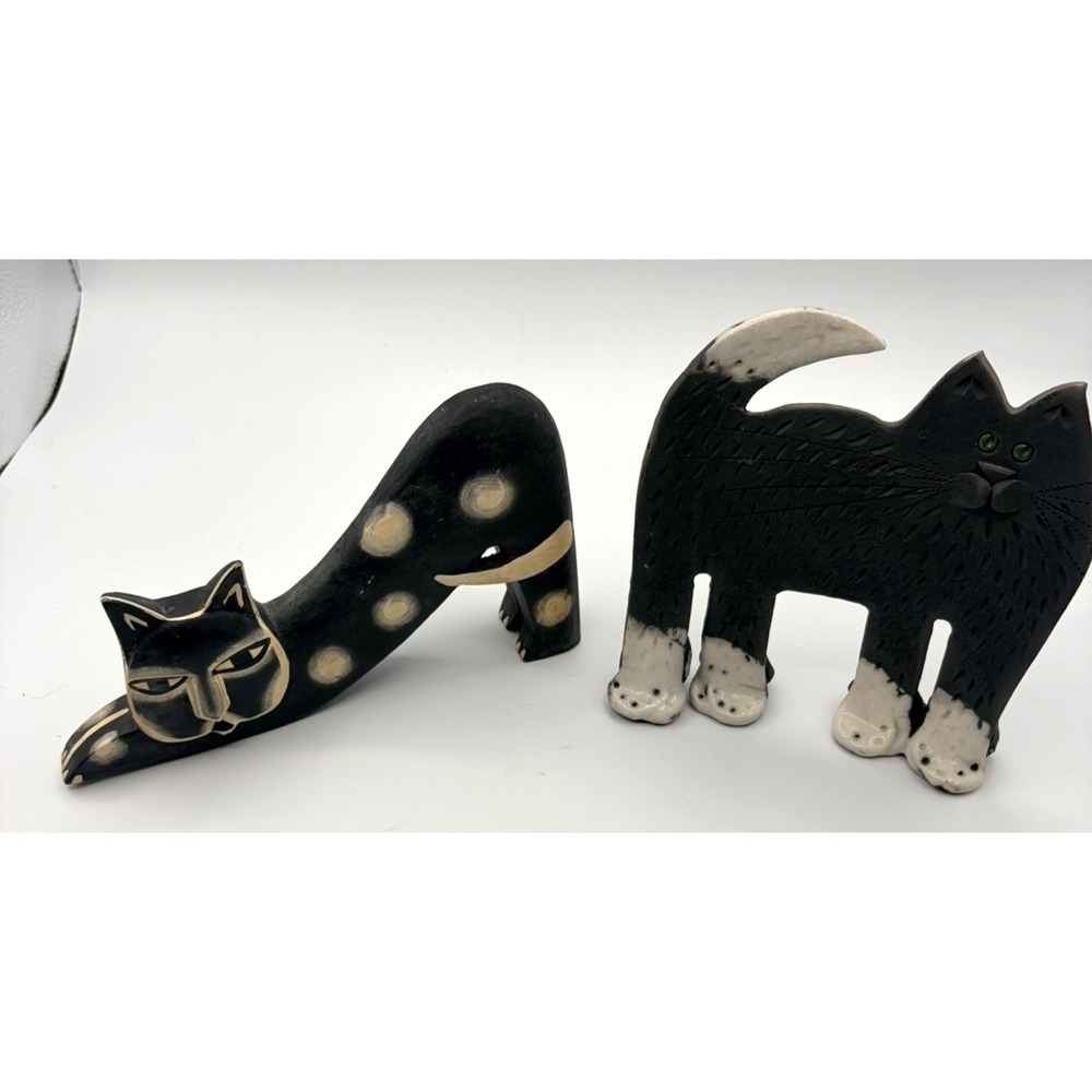 Handcrafted Wooden & CLAY Cat Animal Figurines Lot of 2 Cats